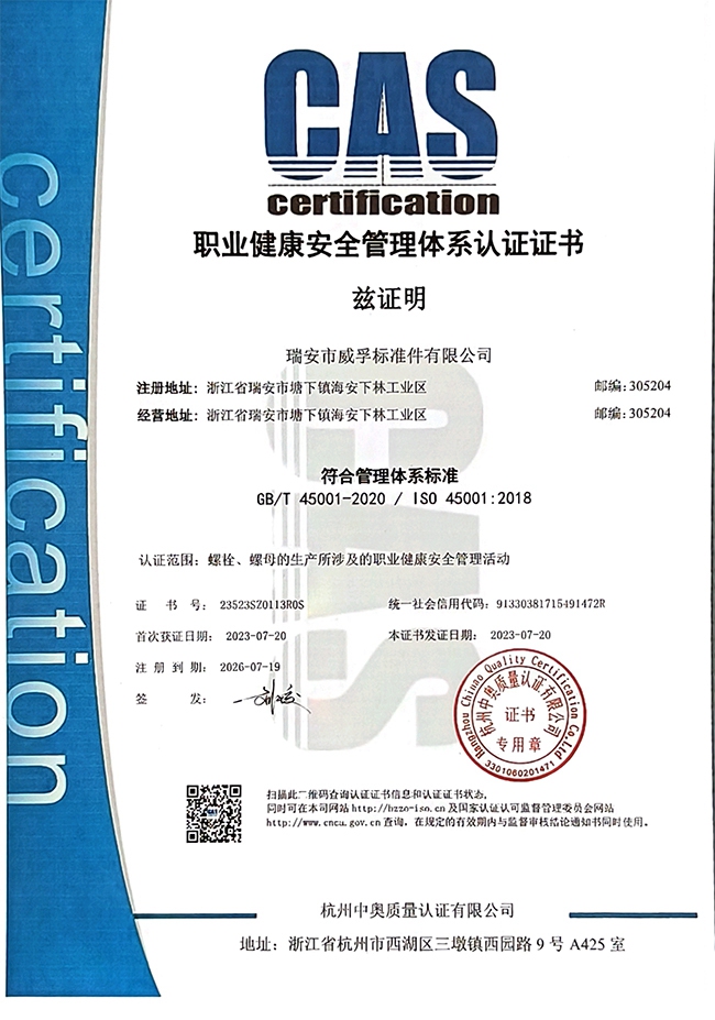 職業健康保障管理體係證書